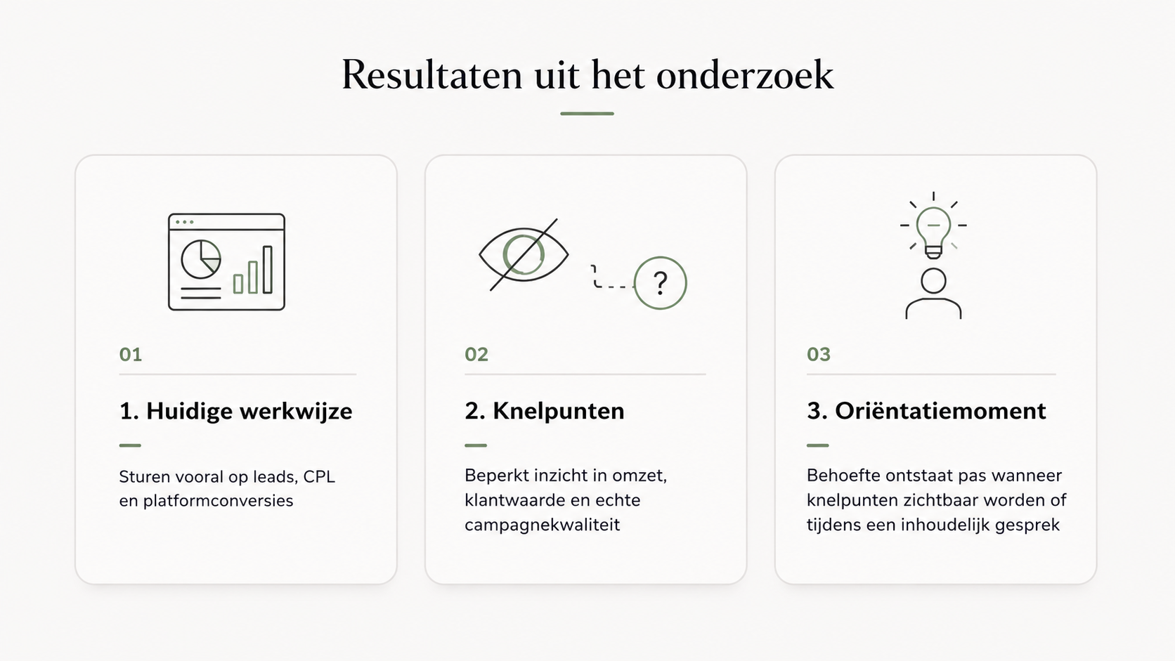 Resultaten uit het onderzoek met huidige werkwijze, knelpunten en orientatiemoment