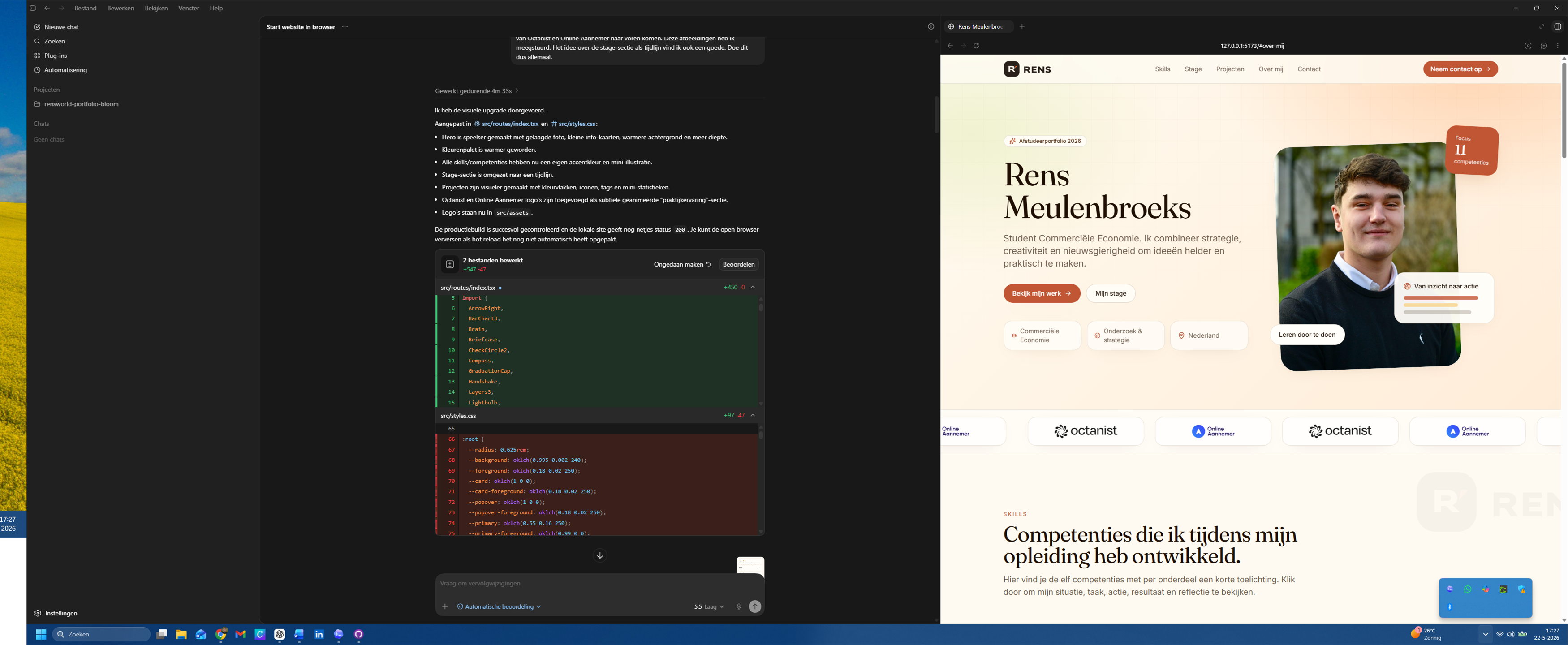 Portfolio website bouwen met Codex en de browser naast elkaar